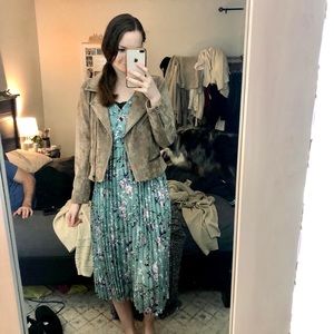 Green floral faux wrap midi dress